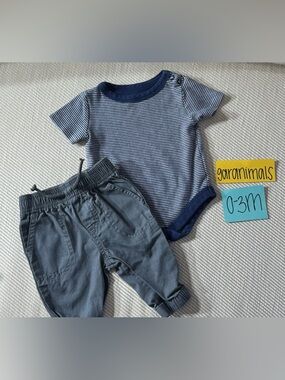 NWOT Garanimals Navy & White Striped Infant Onesie with Grey Joggers, 0-3M